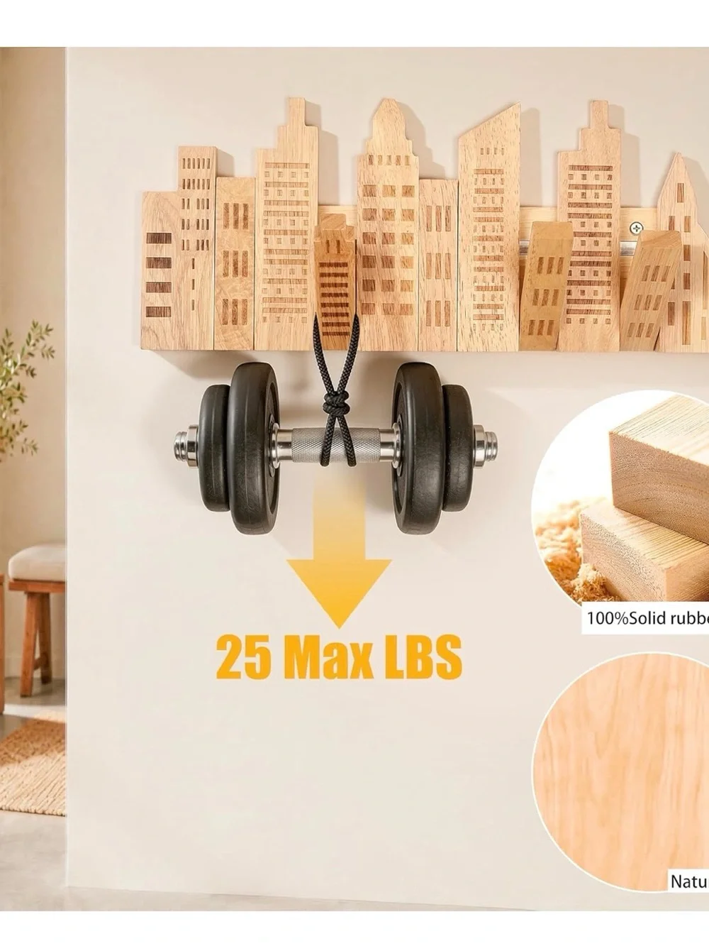 Wooden Cityscape Wall Hook Rack in Natural Wood